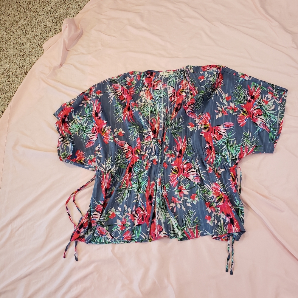 Haute Hippie Kimono Top Cover Up - Size M - Blue Pink Floral Jacquard Cotton